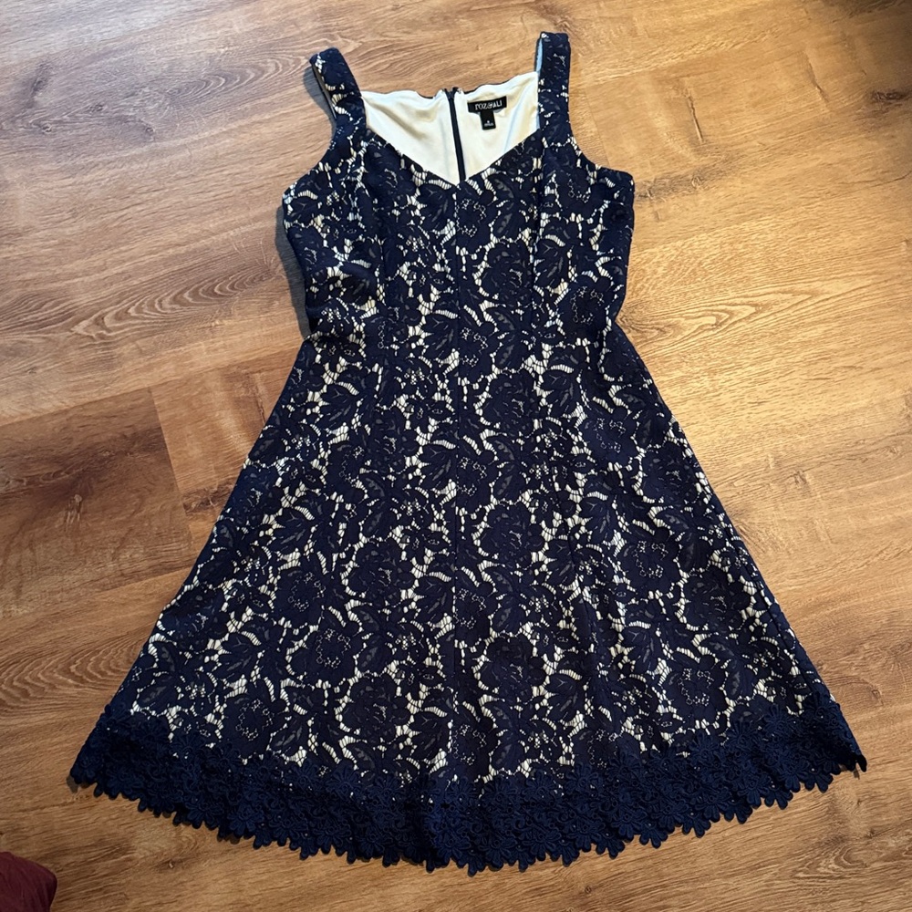 Roz and Ali Navy Lace Midi Dress with Cream Lining